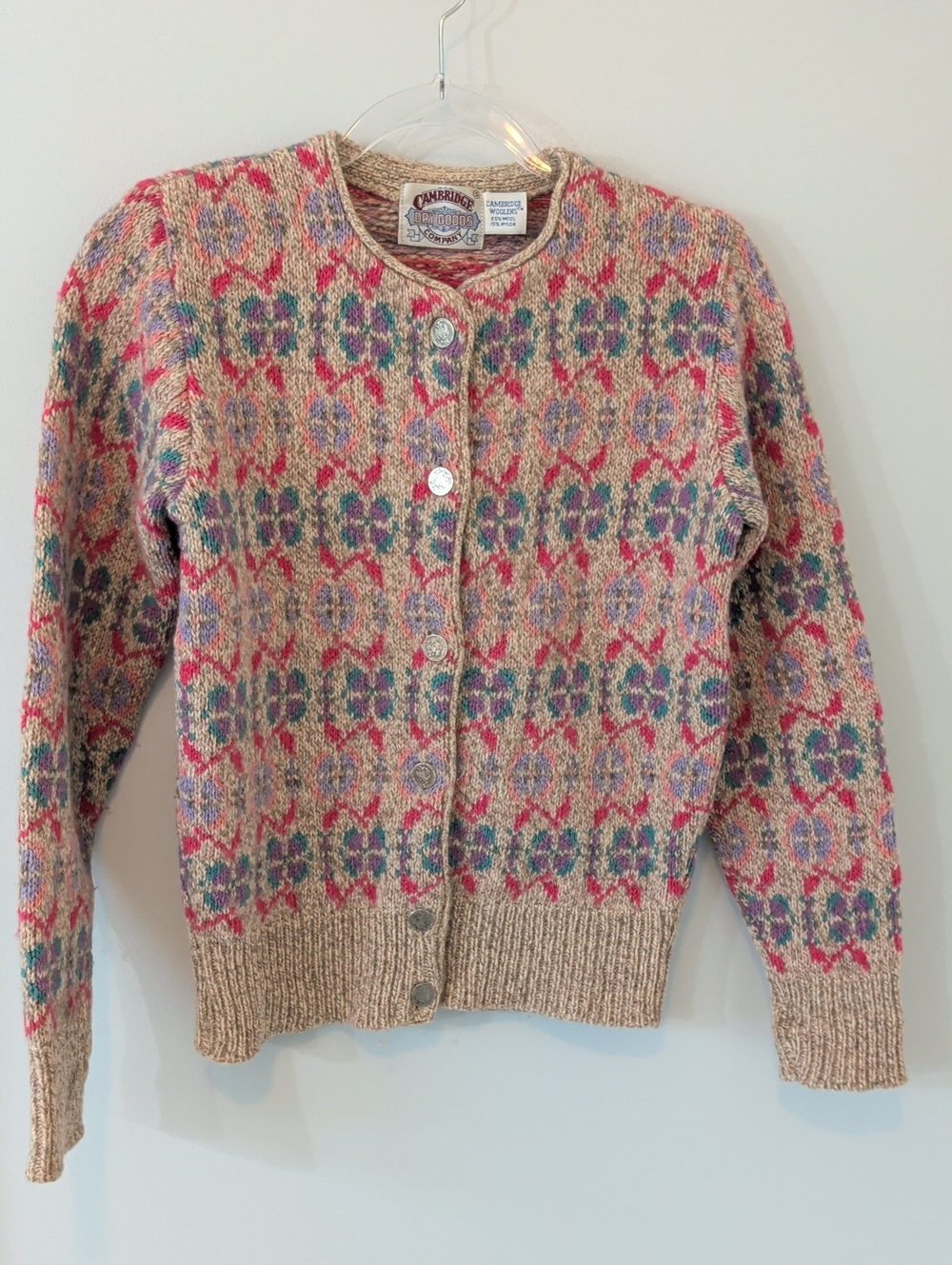 CAMBRIDGE Brown Multicolor Fair Isle Wool Cardigan Vintage S